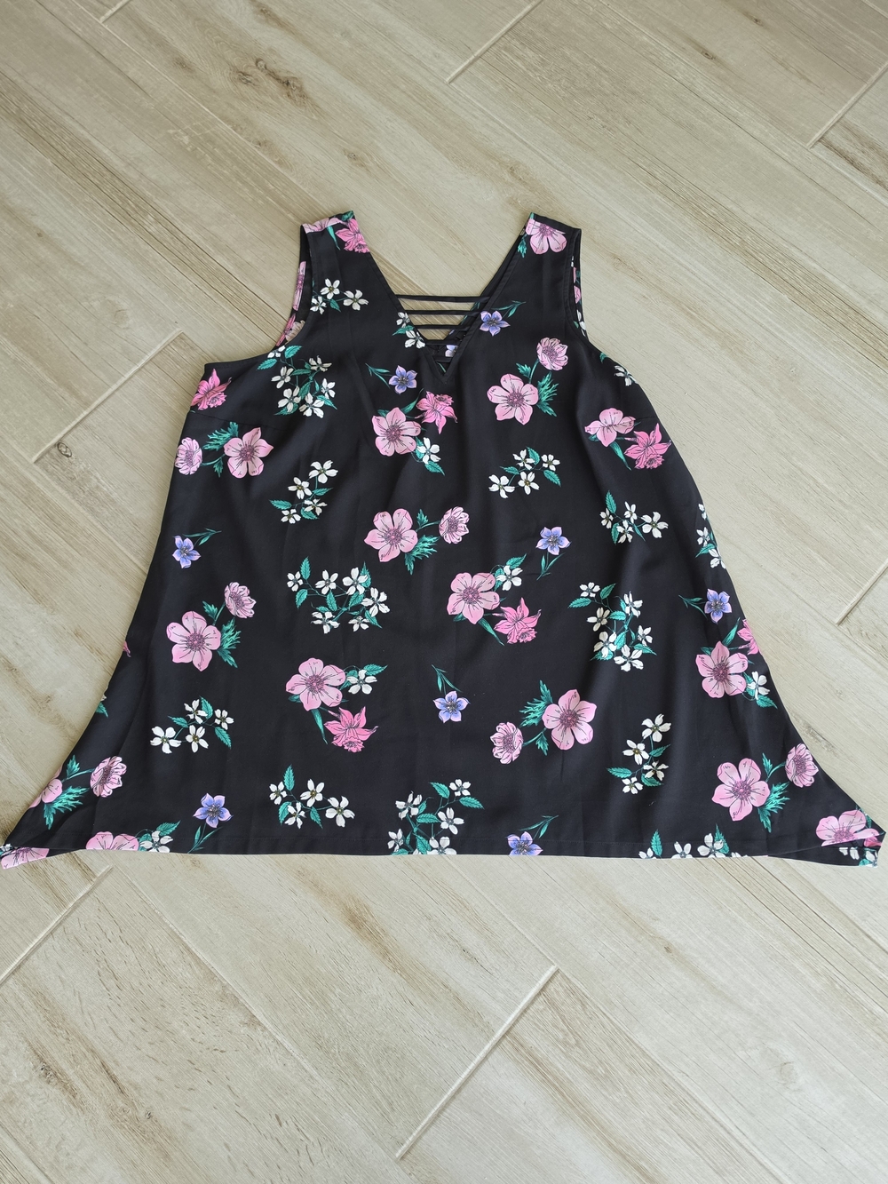 Lane Bryant Black Floral A-Line Top with Pink & Purple Blooms Size 14